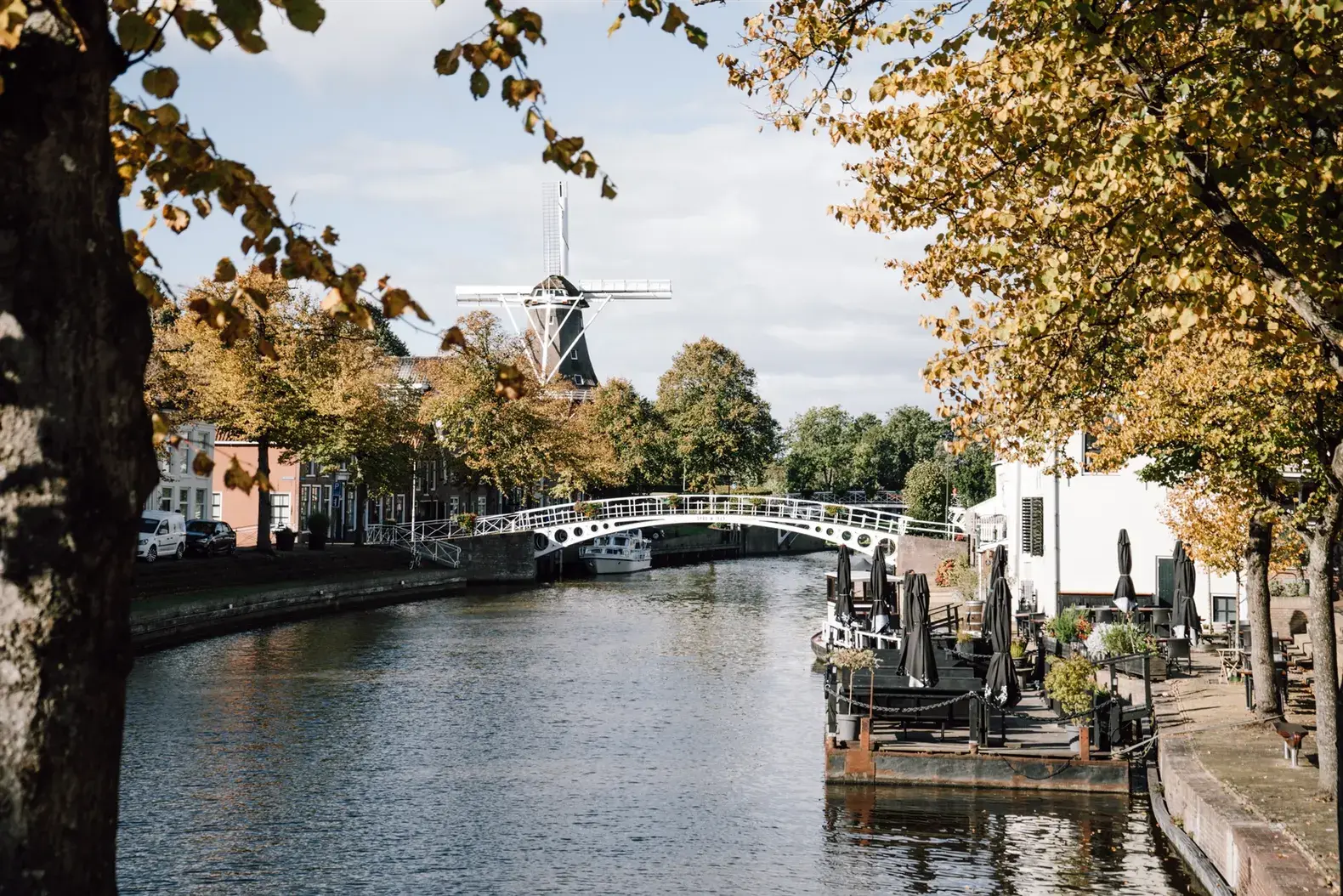 Gracht in Dokkum in het najaar, met de witte boogbrug en de molen op het bolwerk achter de bomen