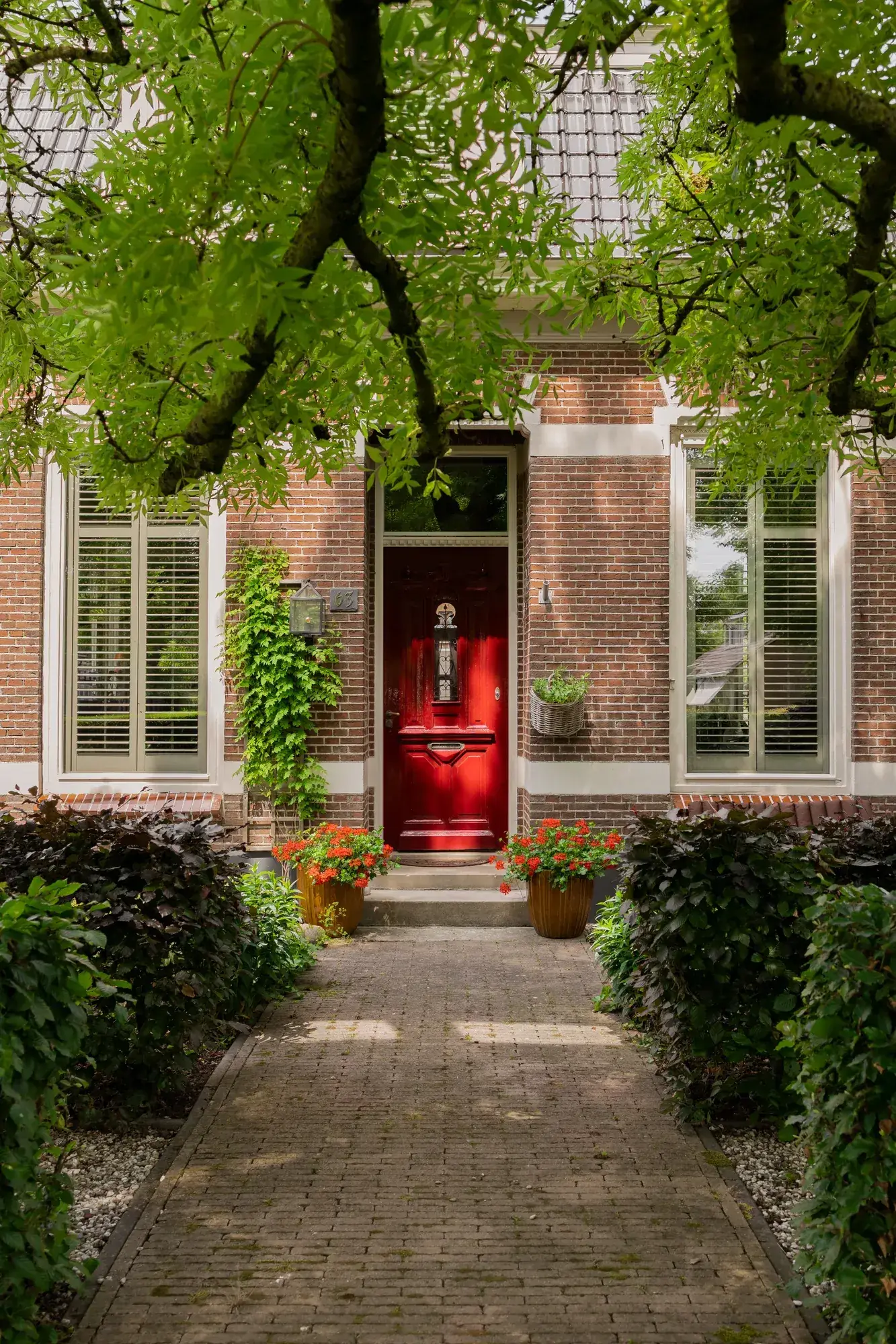 Gevel van een herenhuis met rode voordeur onder een grote boom