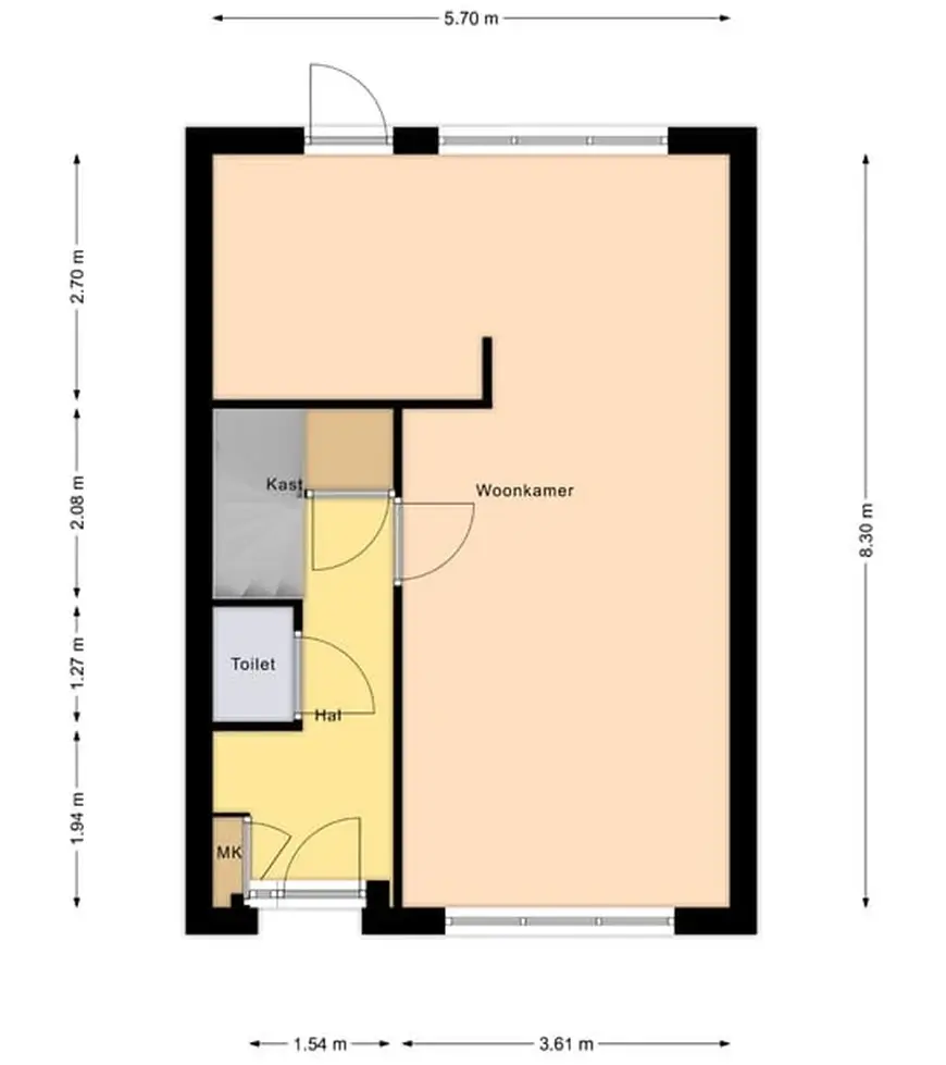 Voorbeeld van een 2D-plattegrond: begane grond met woonkamer, hal, toilet en meterkast, met maatvoering
