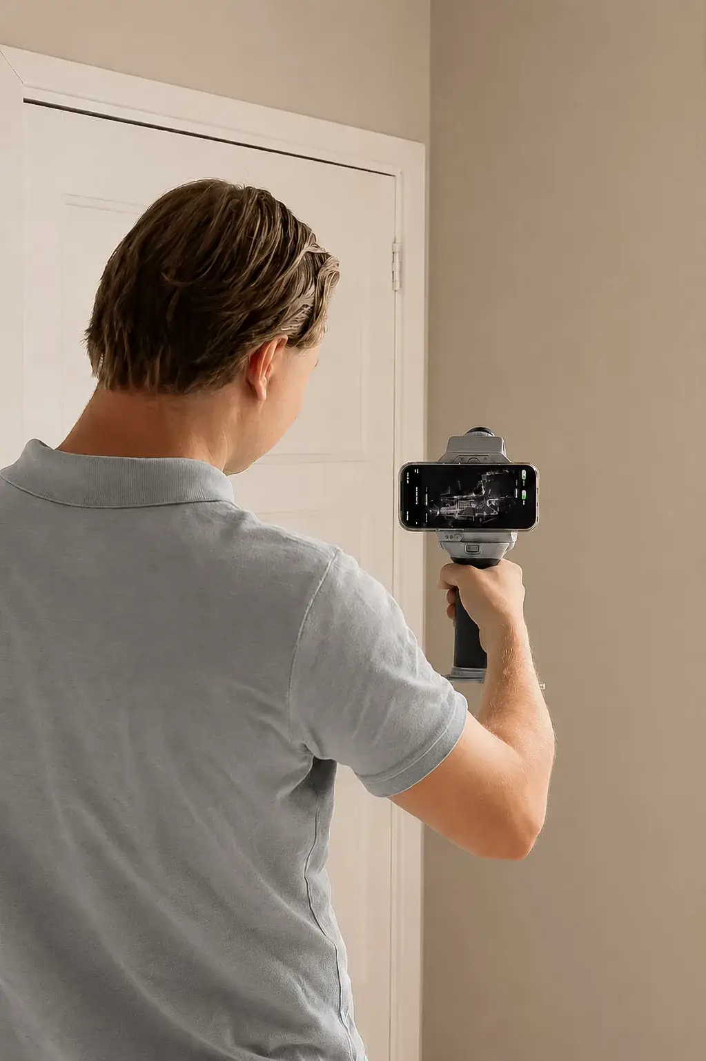 Teamlid van MV Adviseurs legt bij de voordeur een ruimte vast met een smartphone op een stabilisator